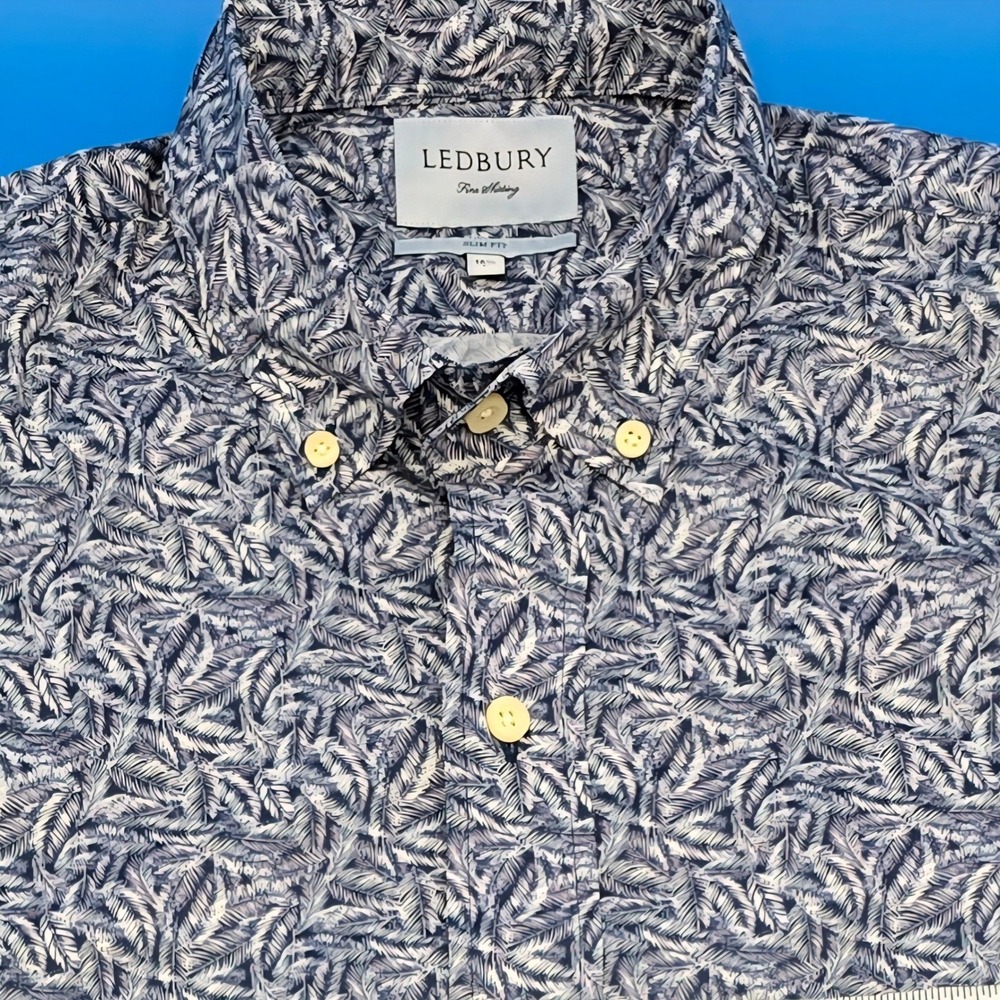 Ledbury Fine Shirting Slim Fit Blue Leaf Long Sleeve Button Down Shirt NOWT